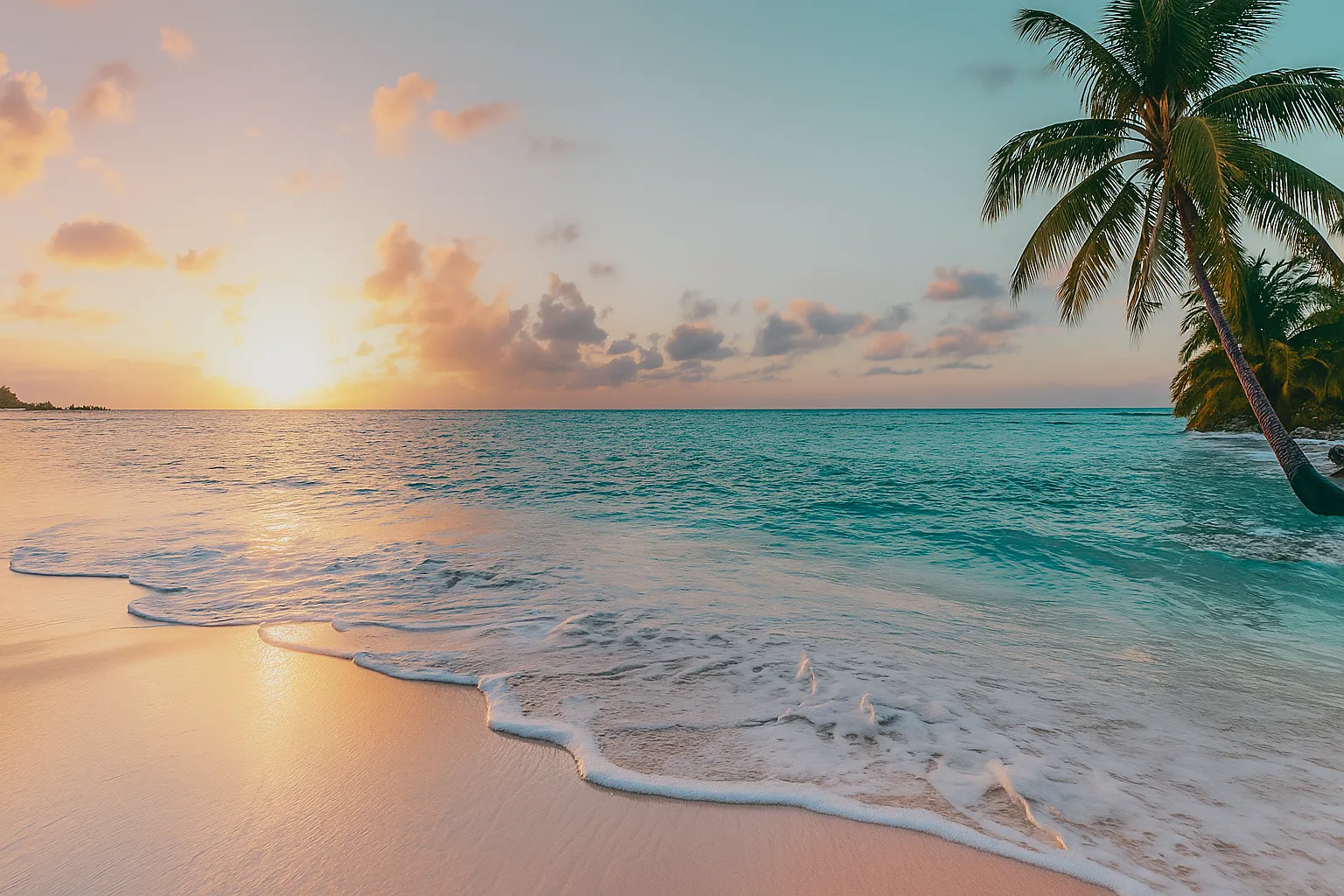 Palm tree on a paradise beach with a beautiful sunset
