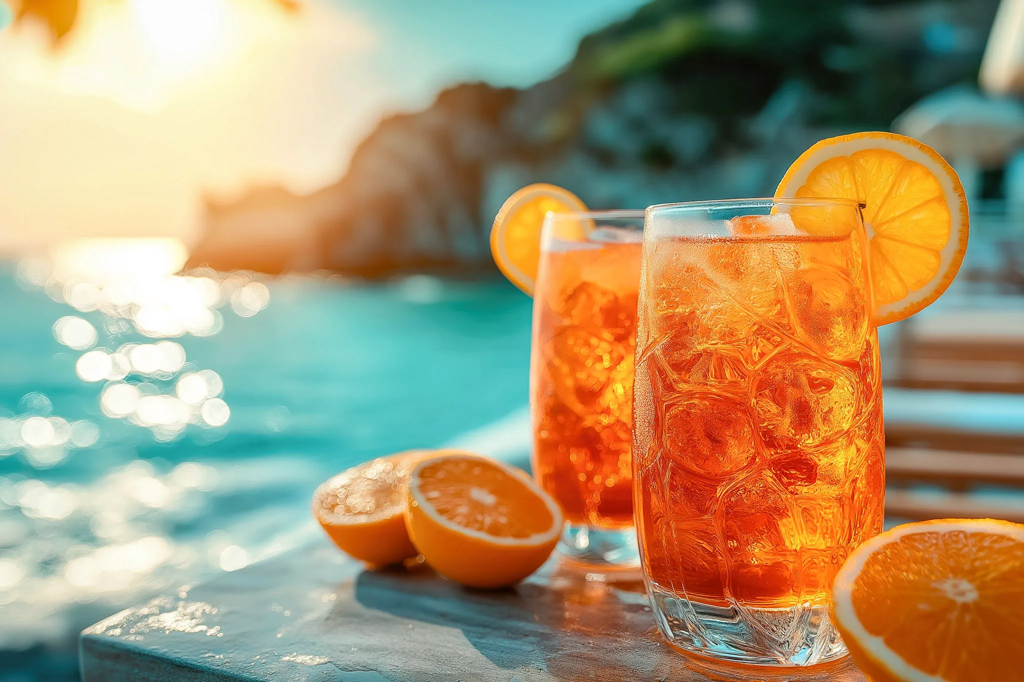 Verres de spritz à l’orange posés en bord de mer au coucher du soleil, ambiance voyage - Itinéraires 5 jours